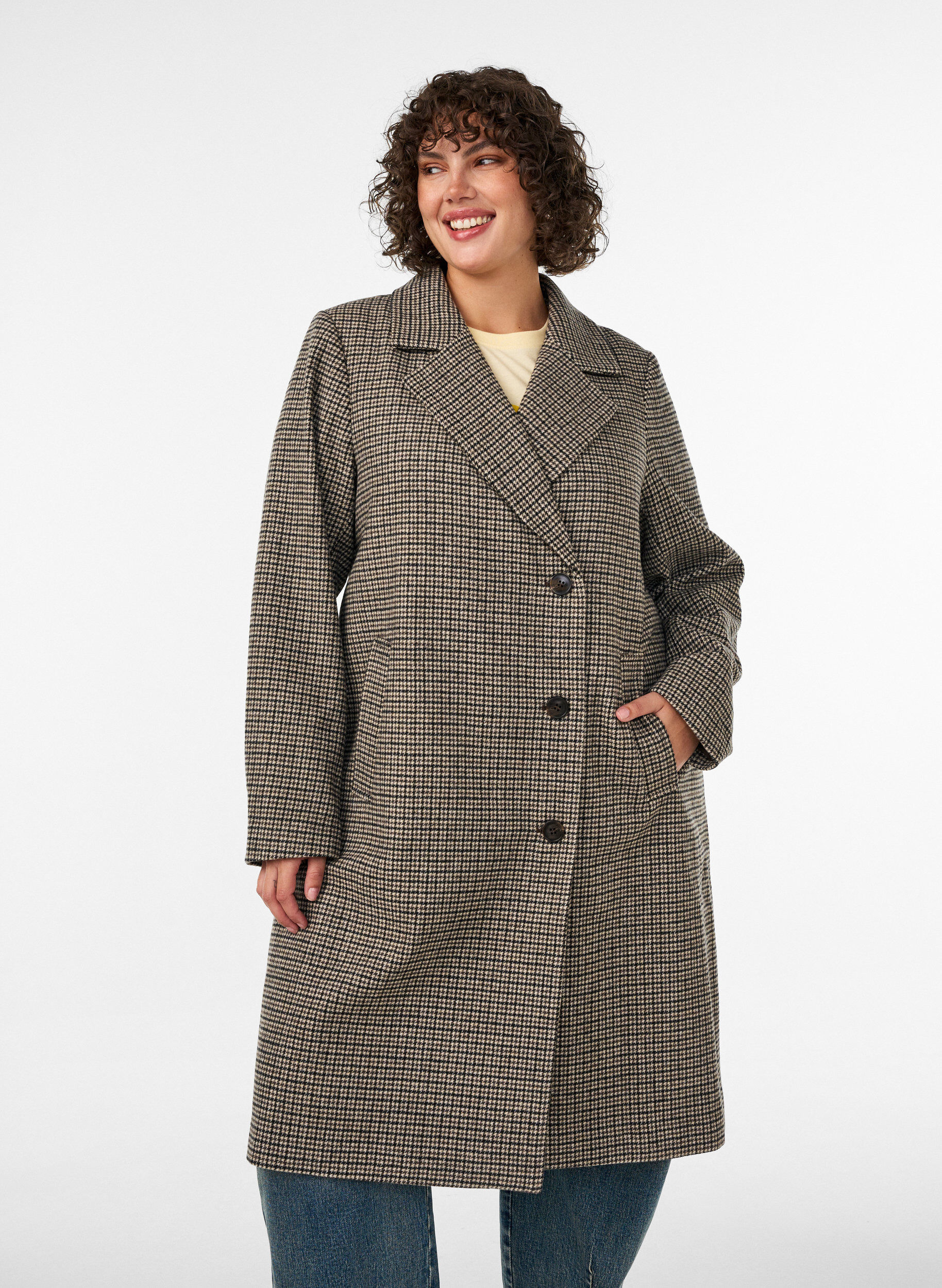 ZizziKeskipitk&auml; ruudullinen takki, Ruskea, Model image number 1