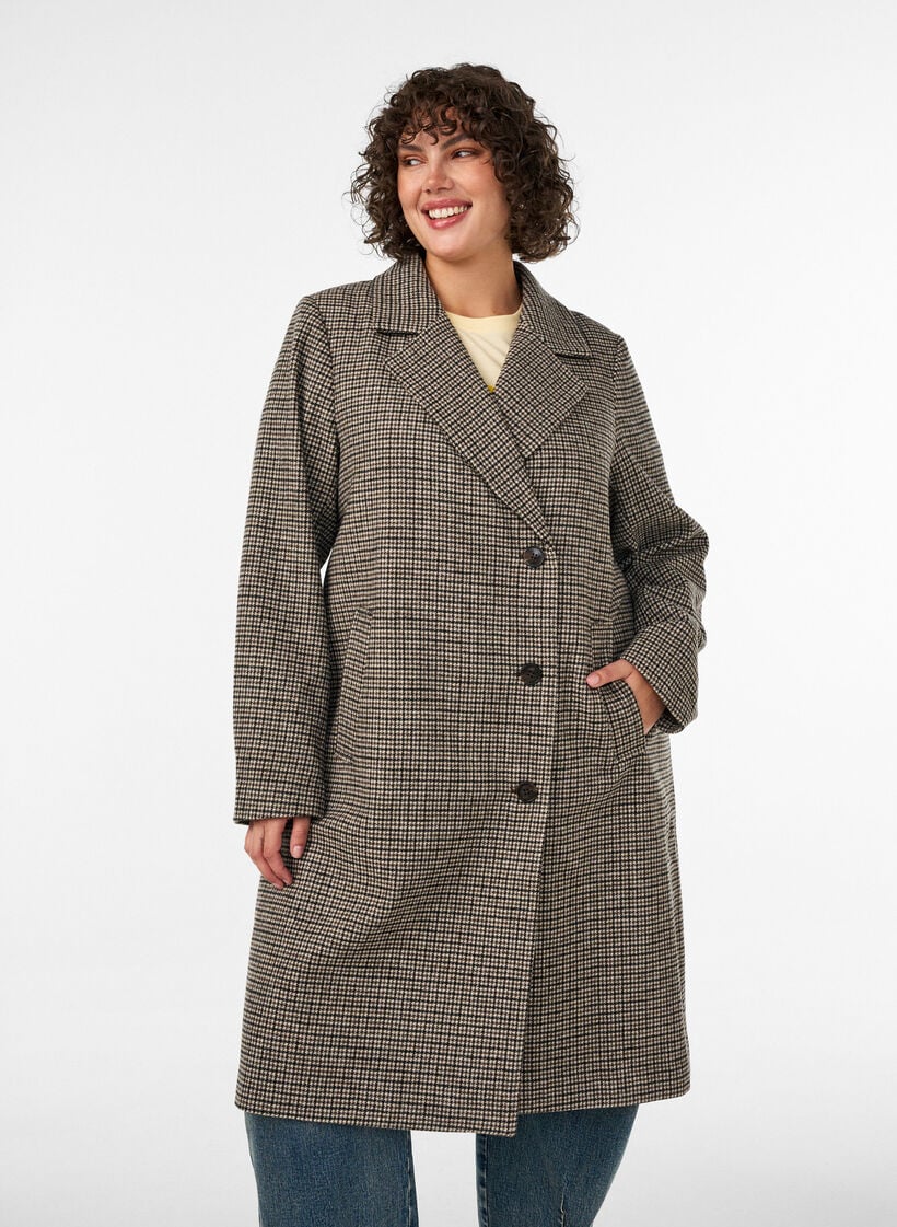 Keskipitk&auml; ruudullinen takki, Ruskea, Model image number 1