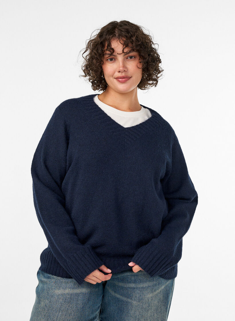 V-aukkoinen neule, Sininen, Model image number 0