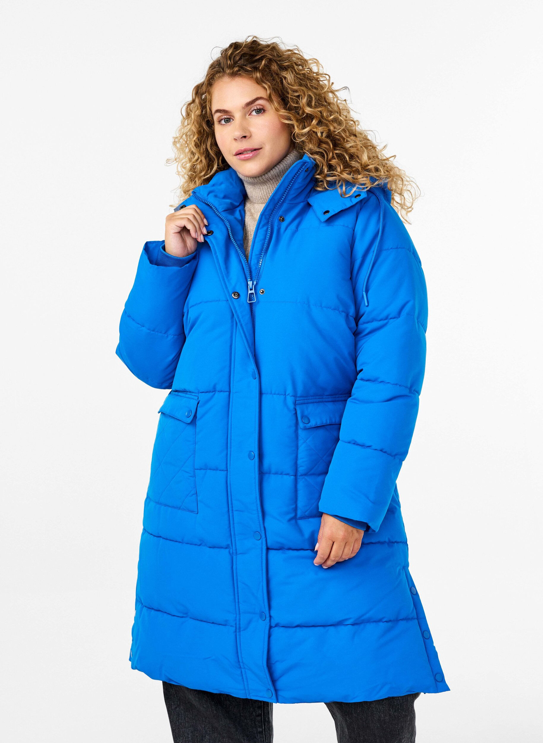 Zizzi Pitk&auml; puffer-takki, jossa on taskut ja huppu, Sininen, Model image number 0