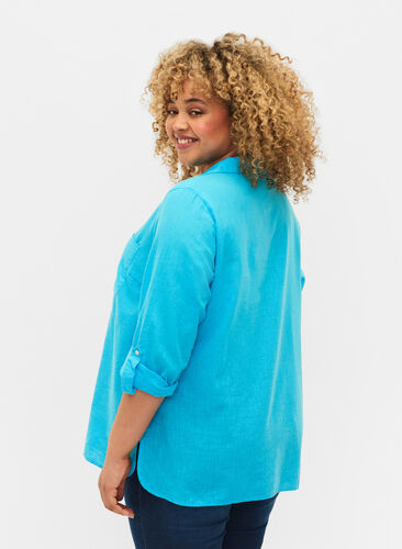 Puuvilla-pellavasekoitteinen paitapusero, jossa on napitus, Blue Atoll, Model image number 1