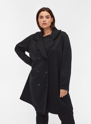Pitkä takki leveällä kauluksella ja röyhelöllä, Black, Model image number 0