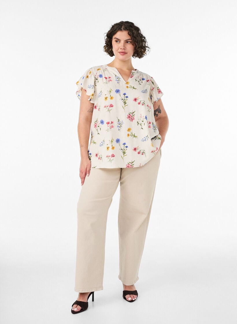 Viskoosi- ja pellavapusero r&ouml;yhel&ouml;hihoilla, Beige, Model image number 1