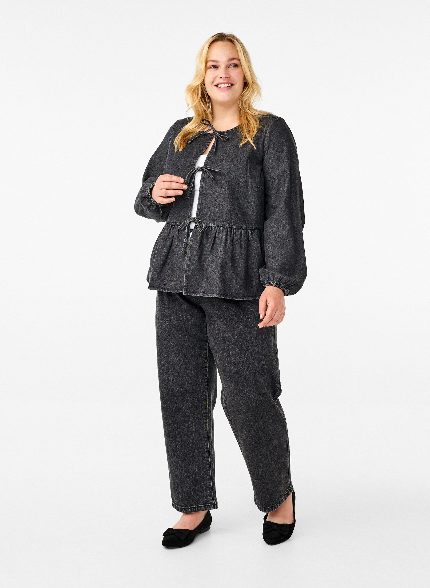 Zizzi Farkkukankainen peplum-pusero, jossa on nauhakiinnitys, Harmaa, Model image number 1