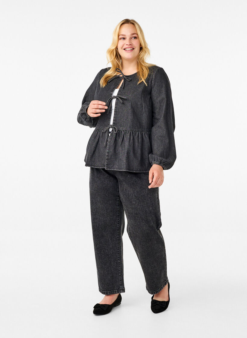 Farkkukankainen peplum-pusero, jossa on nauhakiinnitys, Harmaa, Model image number 1