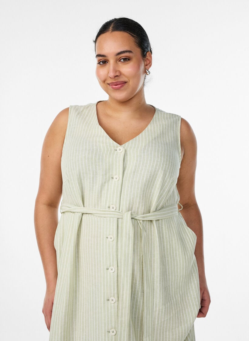 Hihaton raidallinen midimekko pellavasta ja viskoosista, Vihre&auml;, Model image number 2