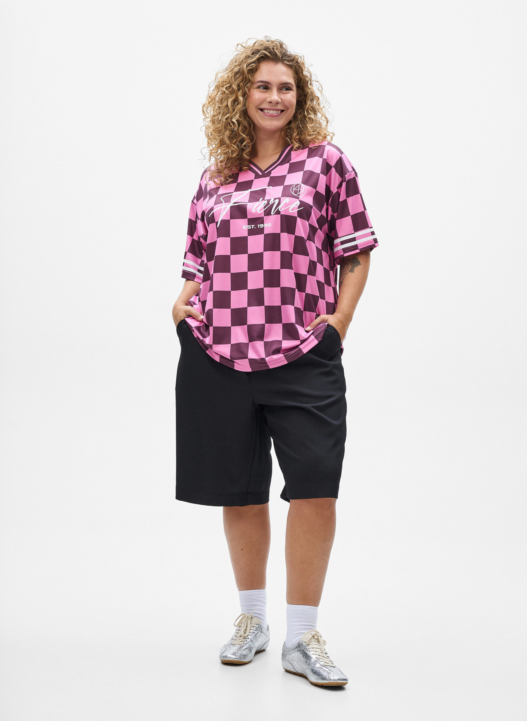 Zizzi Urheilullinen T-paita ruutukuvioilla ja tekstiprintill&auml;, Punainen, Model image number 1