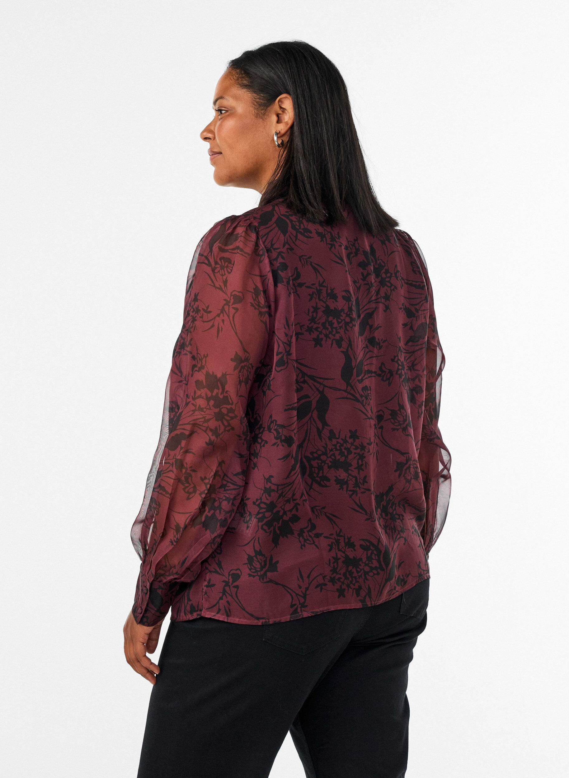 ZizziL&auml;pikuultava paitapusero kukkakuviolla ja solmimisdetaljilla, Tumma Bordeaux, Model image number 2