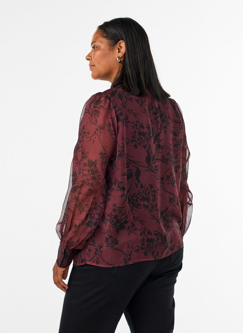 L&auml;pikuultava paitapusero kukkakuviolla ja solmimisdetaljilla, Tumma Bordeaux, Model image number 2