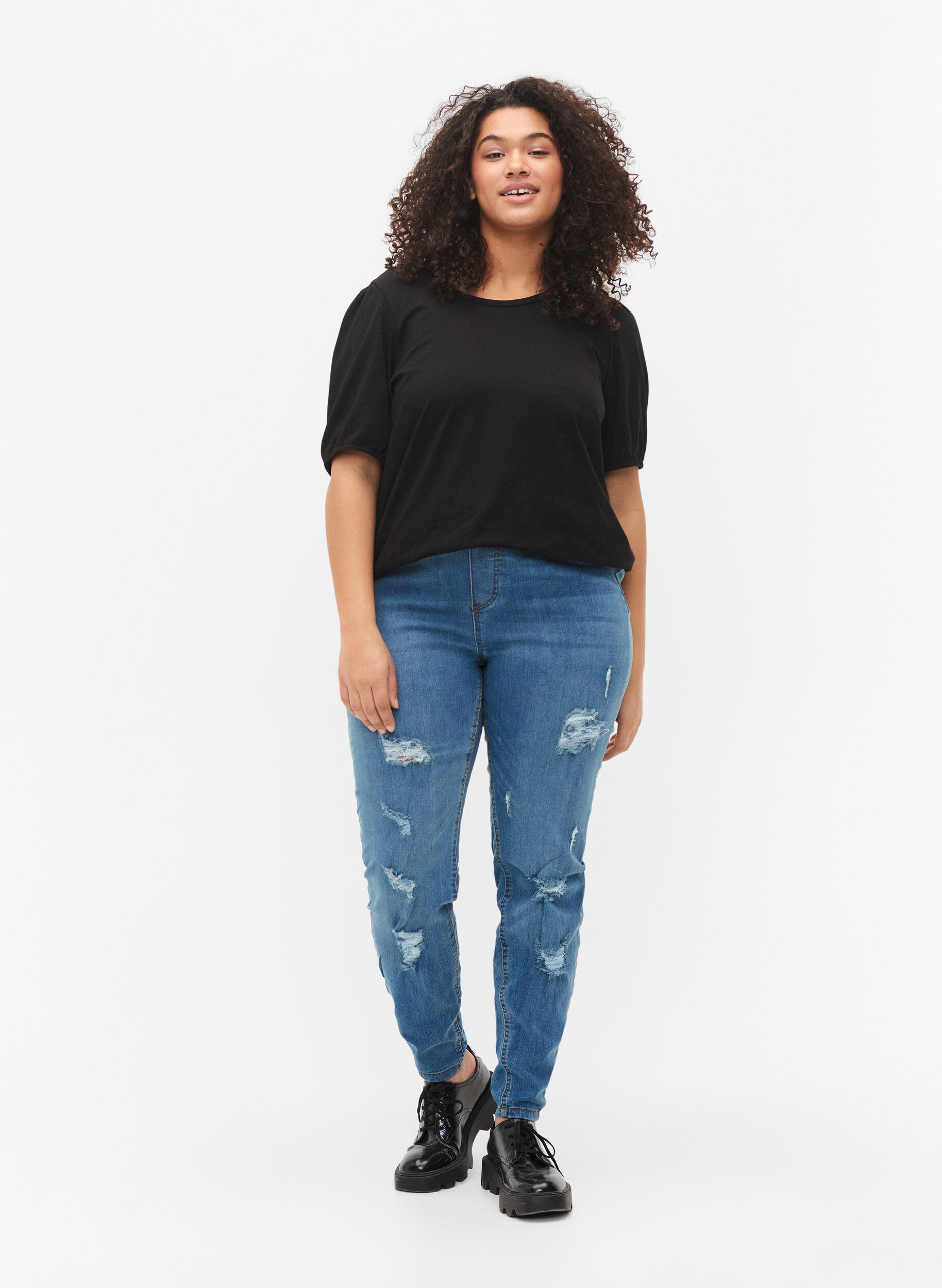 Zizzi Puuvillainen t-paita 2/4-hihoilla, Black, Model image number 2