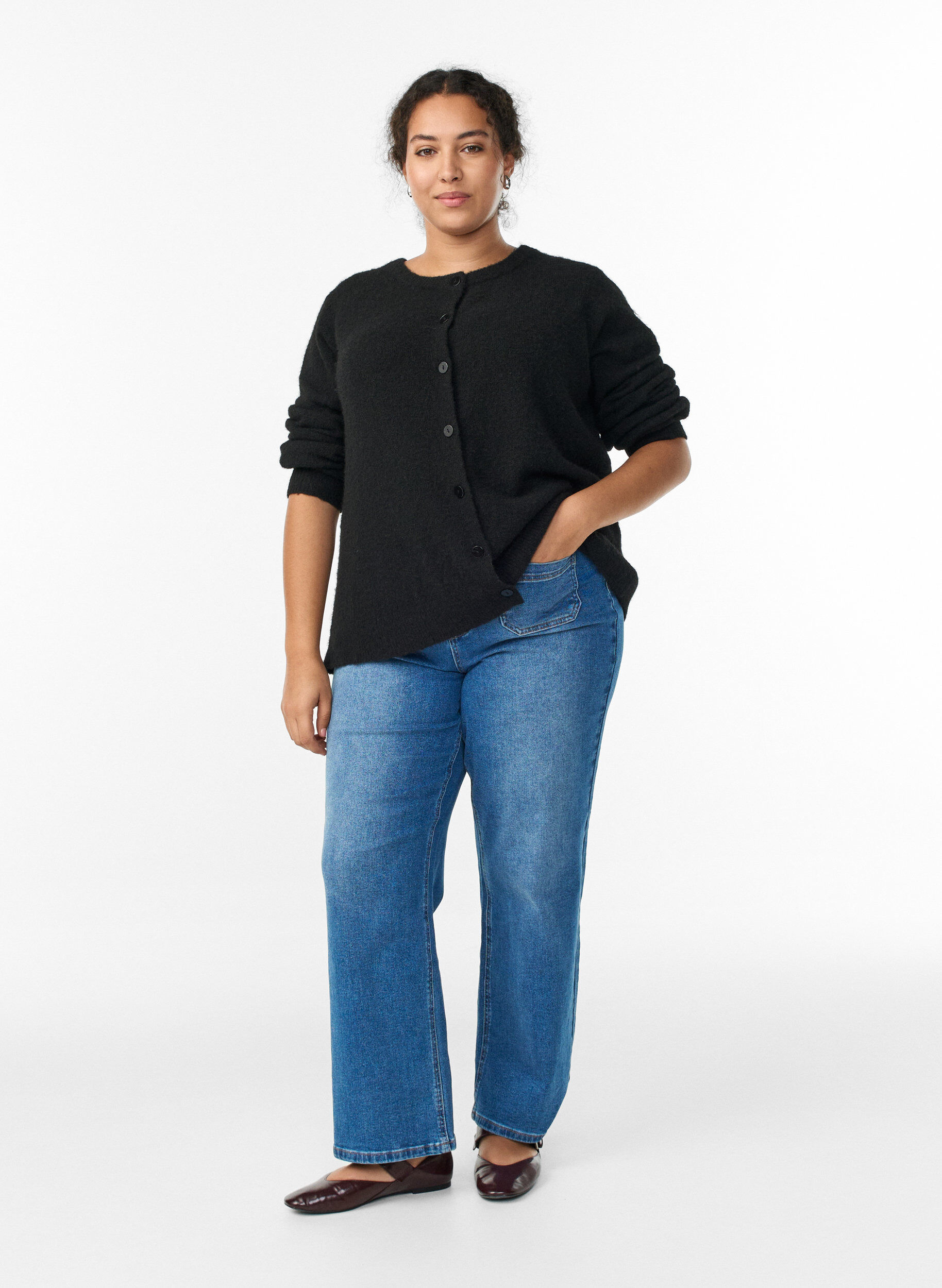 Zizzi Neuleliivi, jossa on villaa ja napit, Musta, Model image number 1