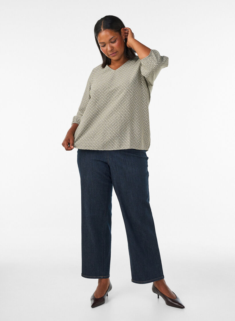 Kuviollinen viskoosipusero 3/4-hihoilla, Vihre&auml;, Model image number 1