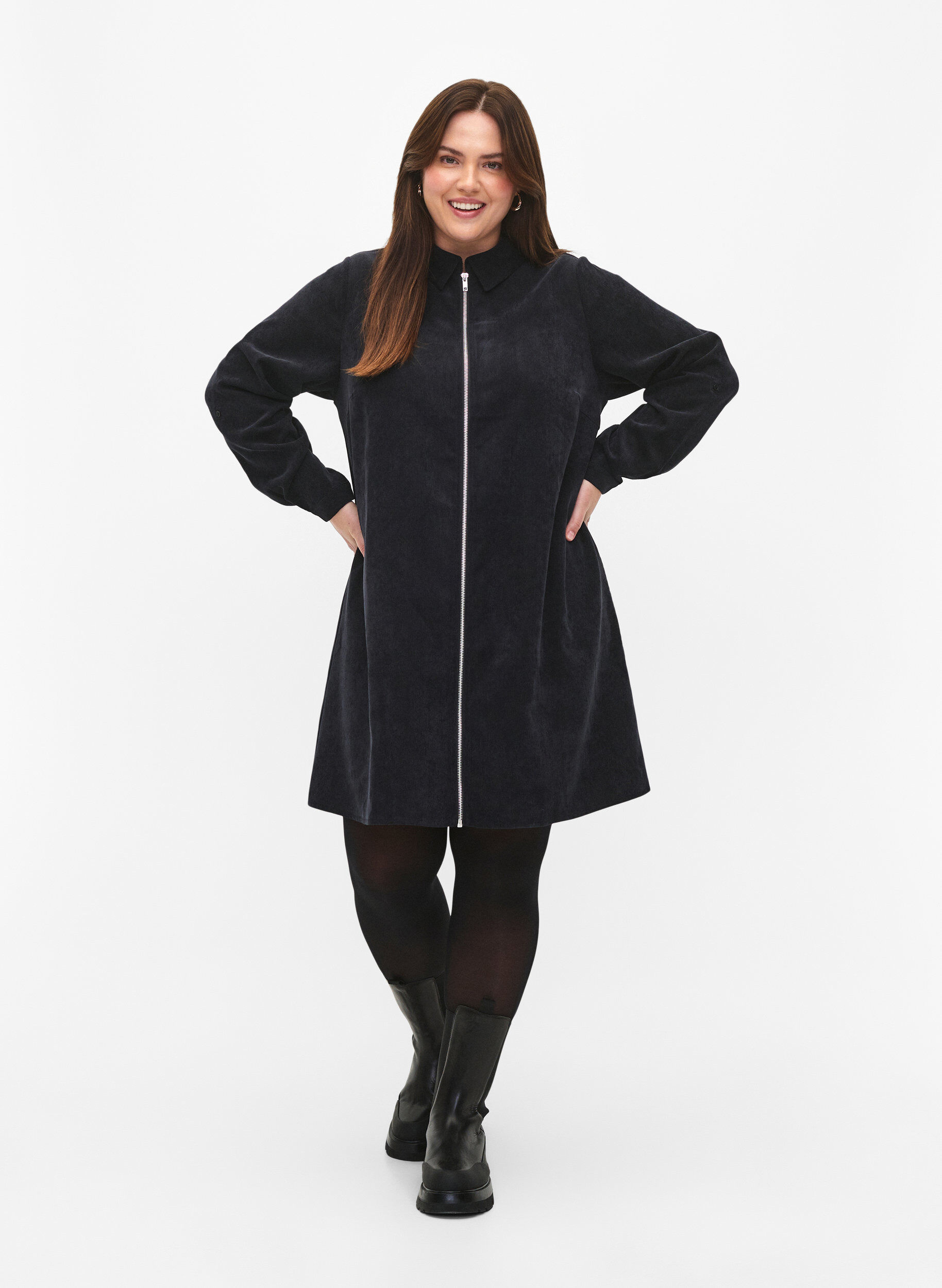 ZizziSamettimekko vetoketjulla ja 3/4-pituisilla hihoilla, Musta, Model image number 1