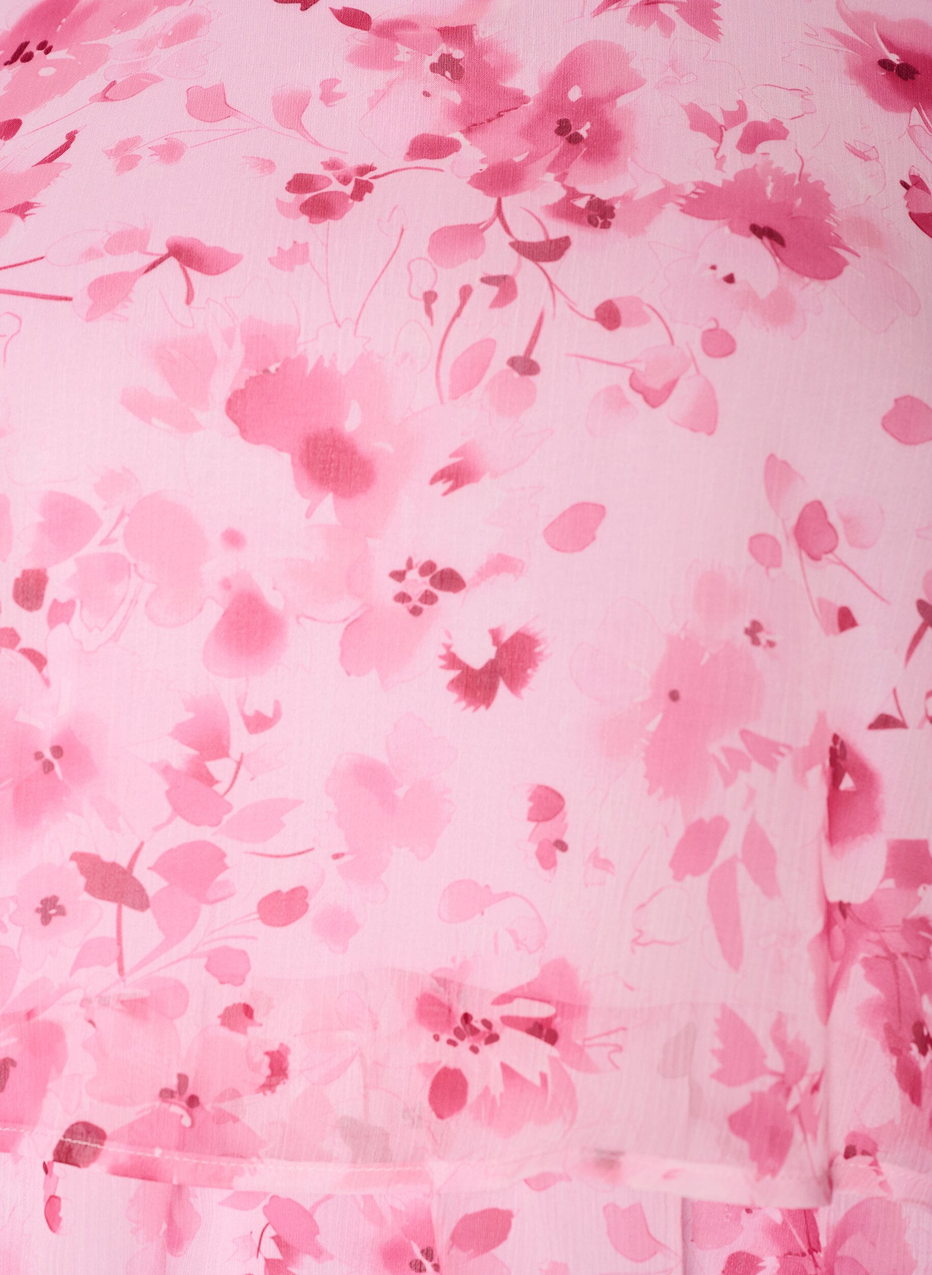 ZizziLyhyt sifonkimainen mekko kukkaprintill&auml; ja r&ouml;yhel&ouml;kerroksilla, Vaaleanpunainen, Packshot image number 2