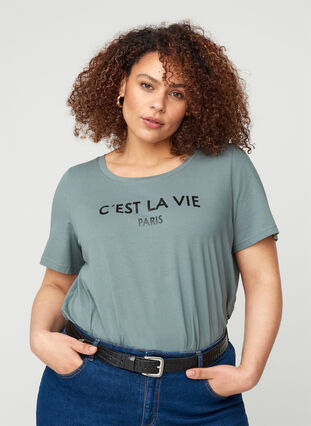 Lyhythihainen puuvillainen t-paita painatuksella, Balsam Green PARIS, Model image number 0