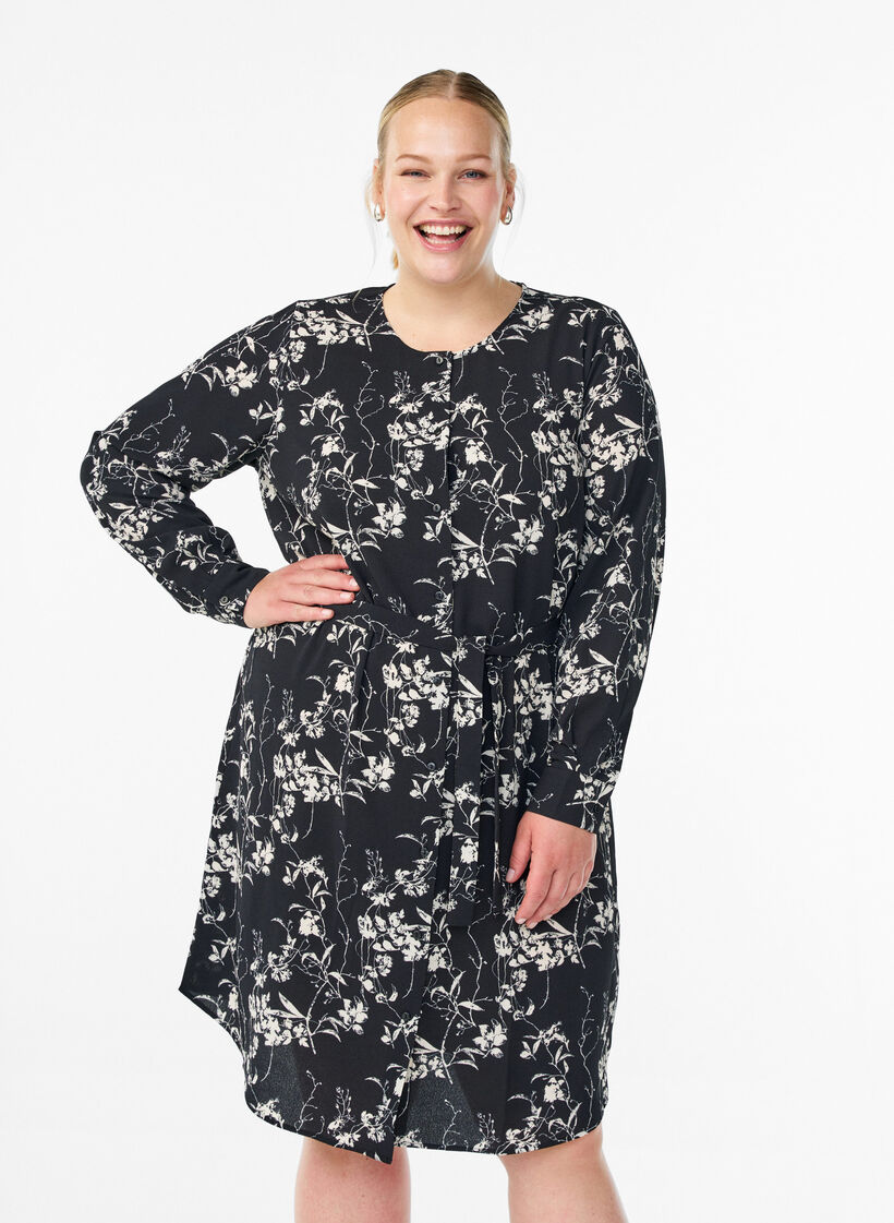 Pitkähihainen paitamekko solmittavalla vyöllä, Musta, Model image number 0