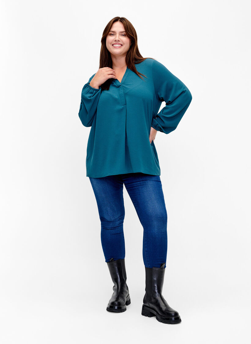 Yksivärinen pusero v-aukolla, Deep Teal, Model image number 2