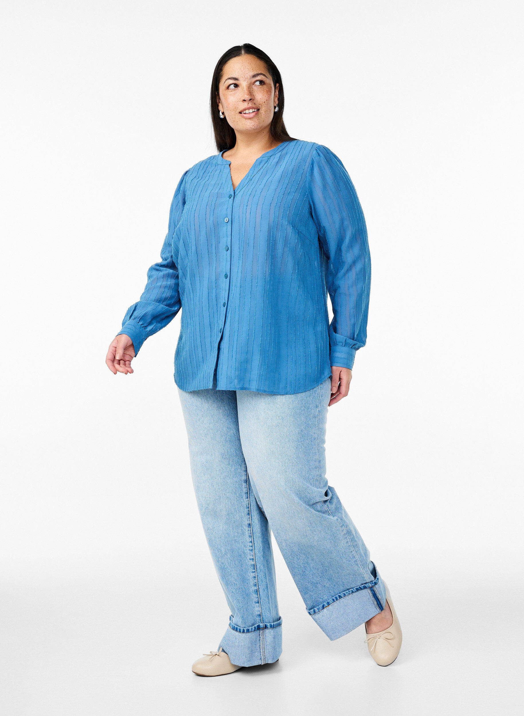 Zizzi Raidallinen paitapusero l&auml;pikuultavilla raidoilla, Sininen, Model image number 1