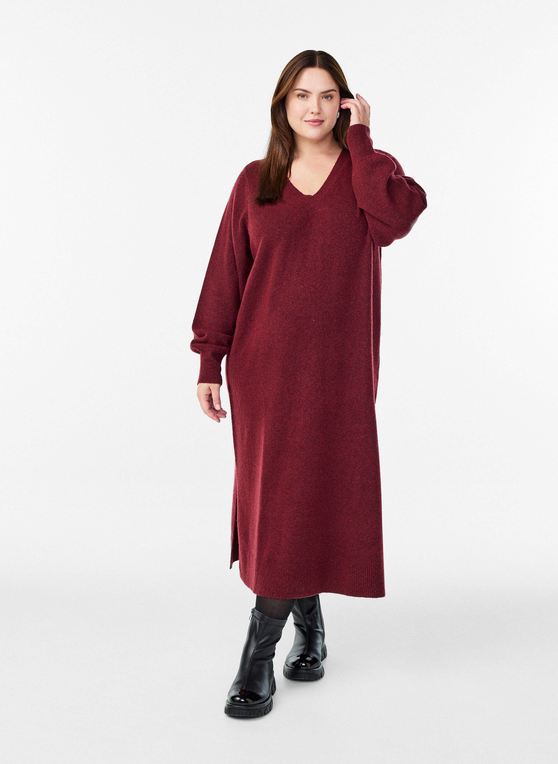 ZizziPitk&auml;hihainen neulemekko V-p&auml;&auml;ntiell&auml;, Punainen, Model image number 0