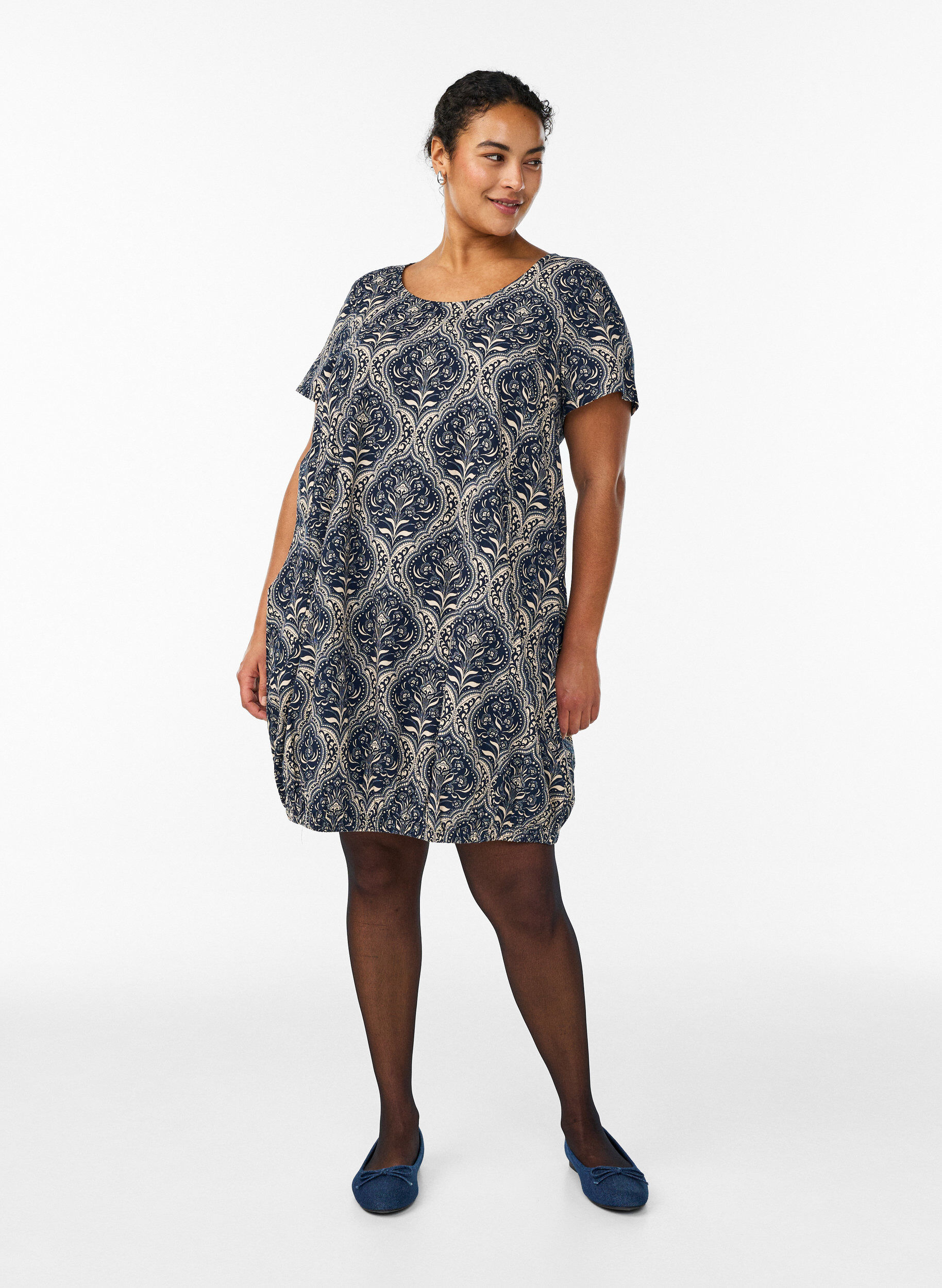 ZizziLyhythihainen puuvillamekko printill&auml;, Sininen, Model image number 1