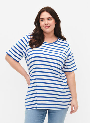 Raidallinen t-paita puuvillasta, Blue Stripes, Model image number 0