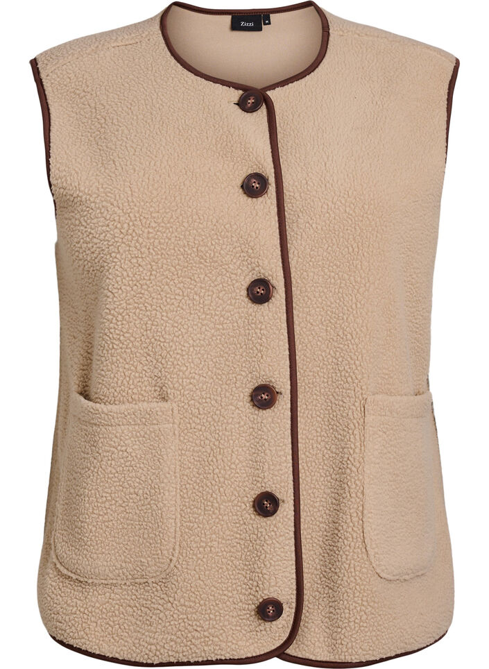 Teddykankainen liivi kontrastireunuksilla, Beige, Packshot image number 0