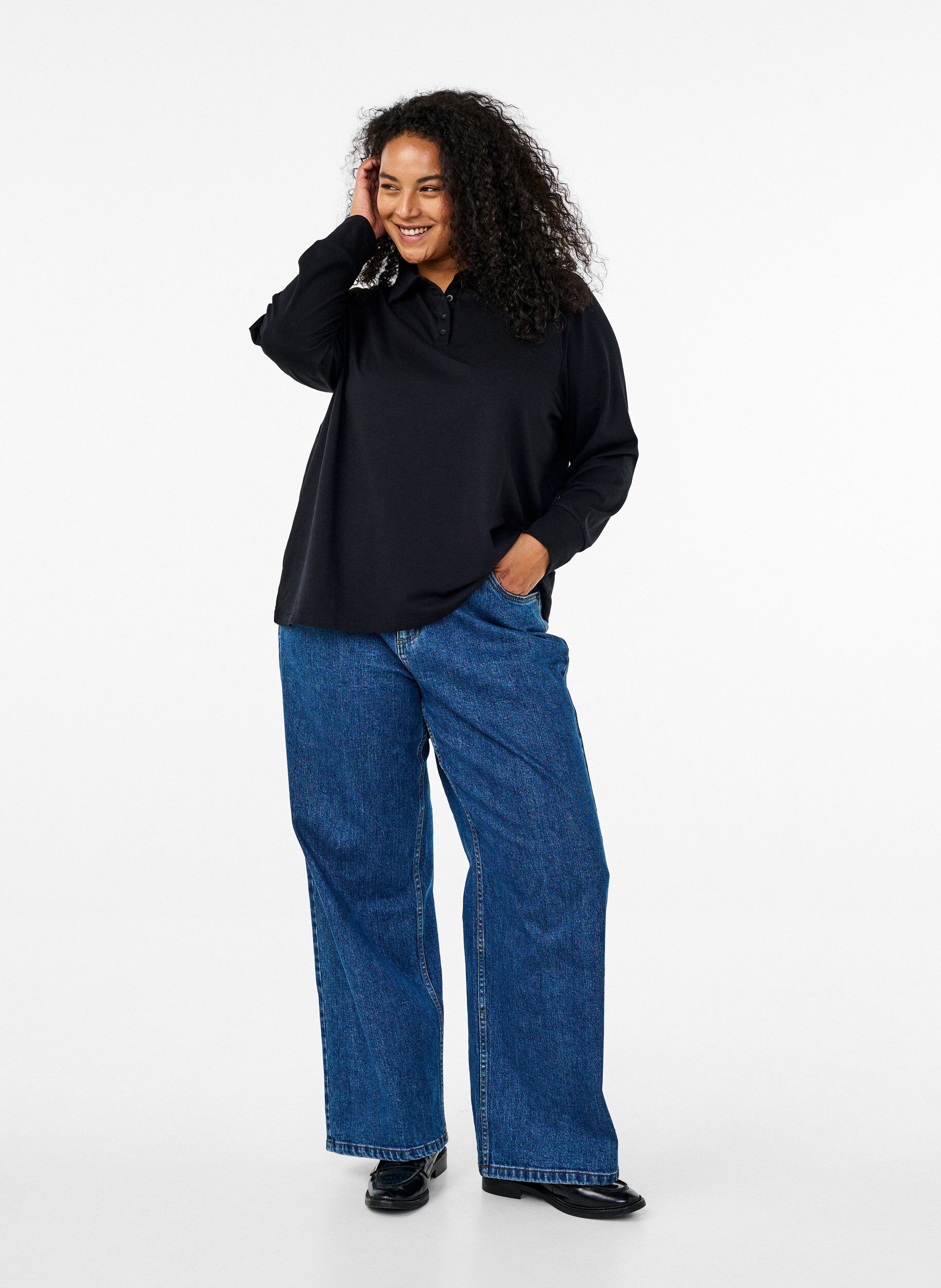 Zizzi Pitk&auml;hihainen raidallinen pikeepaita, Musta, Model image number 1