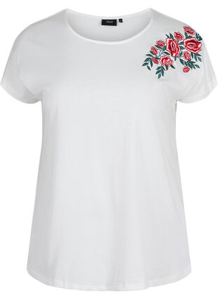 Lyhythihainen puuvillainen t-paita kirjailulla, Warm Off-white, Packshot image number 0