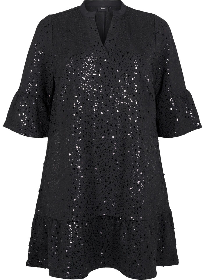 Paljettimekko V-pääntiellä ja 3/4-hihoilla, Black w. Bl. Sequins, Packshot image number 0