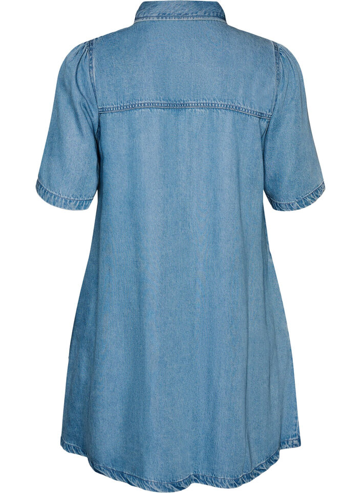 Lyocell-denimmekko napeilla ja lyhyill&auml; hihoilla, Sininen, Packshot image number 1