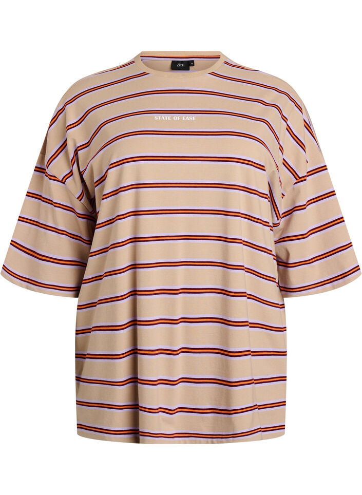 Ylisuuri T-paita raidoilla ja 1/2-hihoilla, Beige, Packshot image number 0