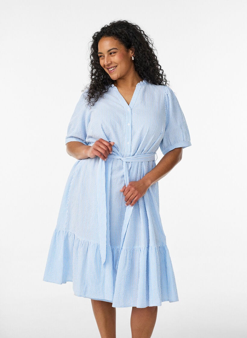 Raidallinen midimekko puuvillasta vy&ouml;ll&auml;, Valkoinen, Model image number 0