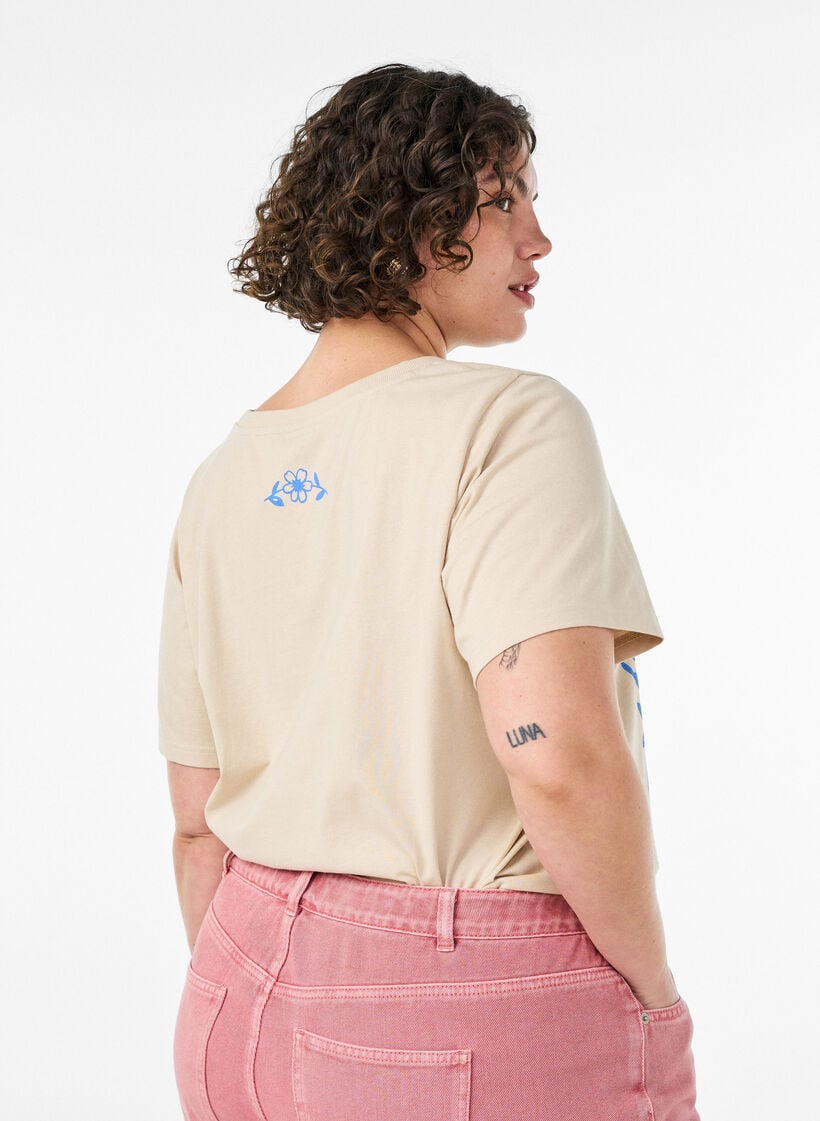 Puuvillainen T-paita printill&auml;, Beige, Model image number 2