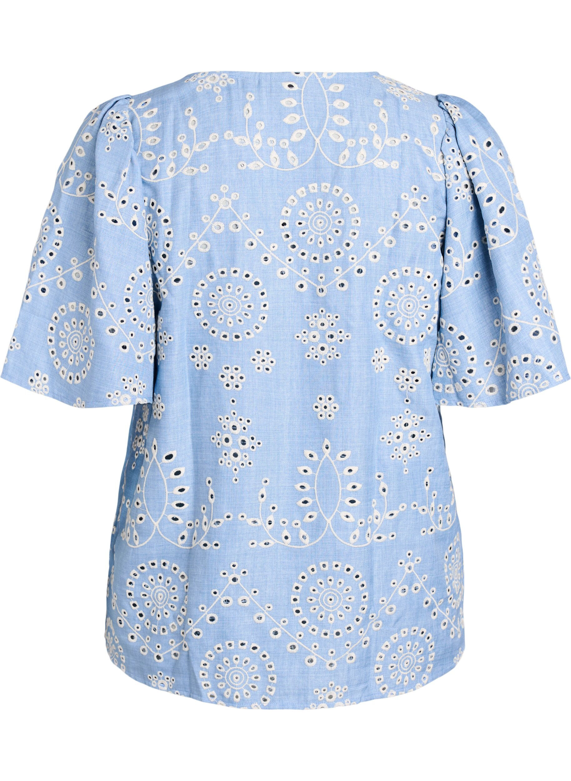 Zizzi Pusero broderie anglaise -koristelulla ja lyhyill&auml; puffihihoilla, Sininen, Packshot image number 1