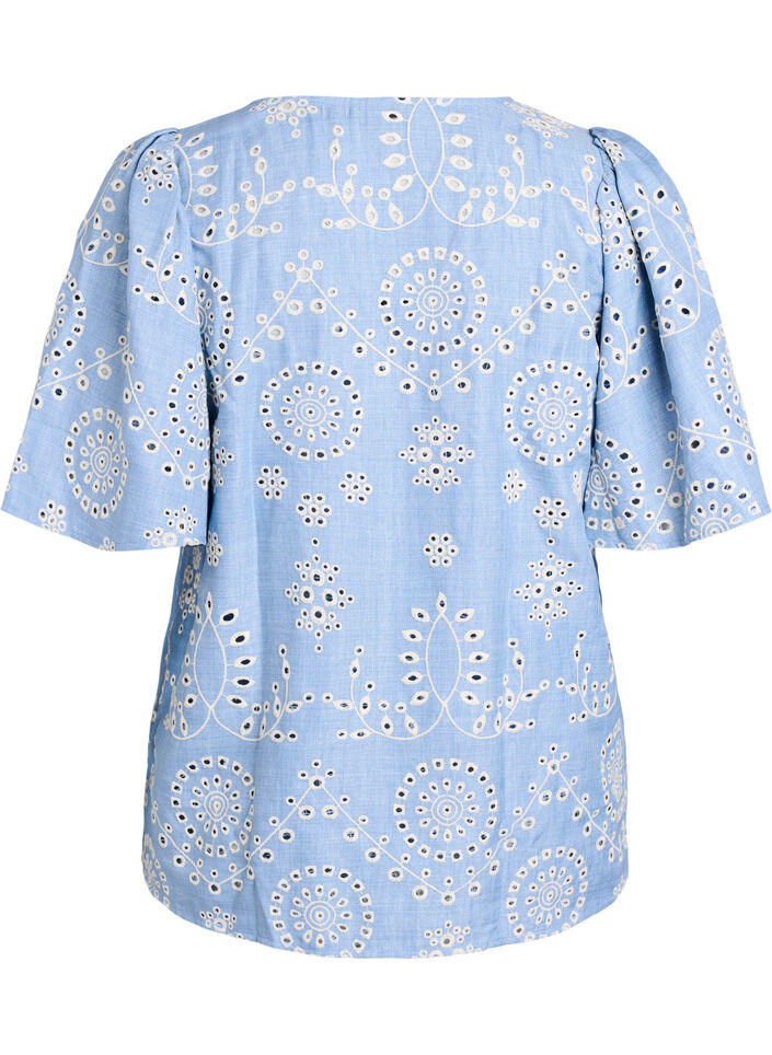 Pusero broderie anglaise -koristelulla ja lyhyillä puffihihoilla, Sininen, Packshot image number 1