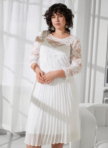Pliseerattu mekko pitsillä ja 3/4-hihoilla, Bright White, Image image number 0