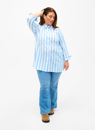 Pitkä paita pellavasta ja puuvillasta, Blue White Stripe, Model image number 2