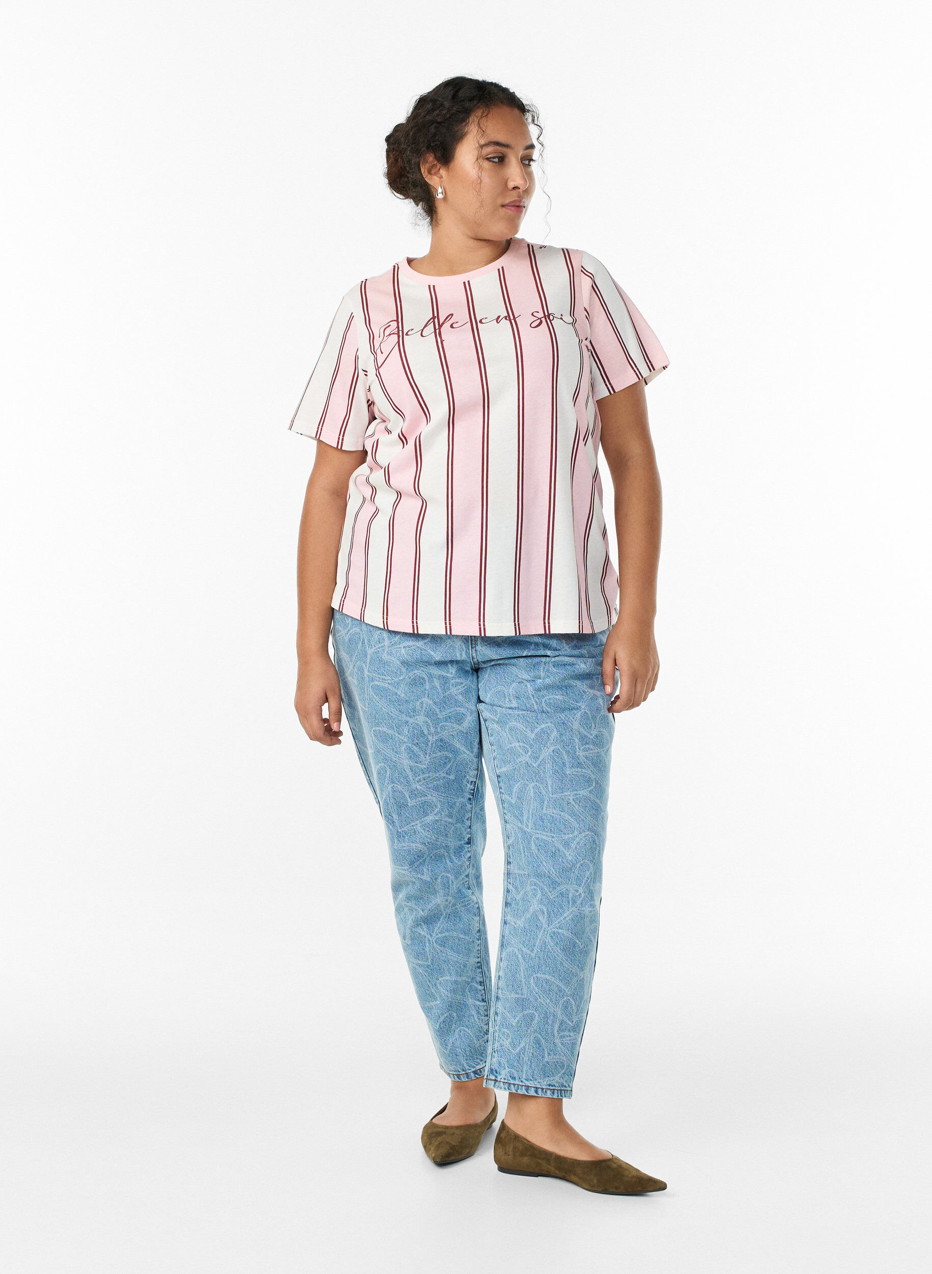 Zizzi T-paita, jossa on raitoja ja tekstipainatus, Vaaleanpunainen, Model image number 1