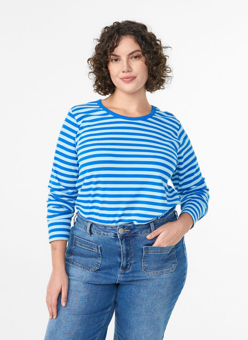 Raidallinen pusero pitkill&auml; hihoilla, Sininen, Model image number 0