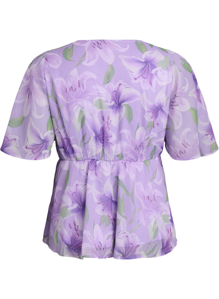 Kukkakuvioinen sifonkipusero lyhyill&auml; hihoilla, Violetti, Packshot image number 1