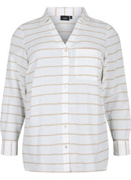Puuvilla-pellavasekoitteinen paitapusero, jossa on napitus, White Taupe Stripe