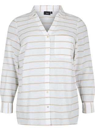 Puuvilla-pellavasekoitteinen paitapusero, jossa on napitus, White Taupe Stripe, Packshot image number 0