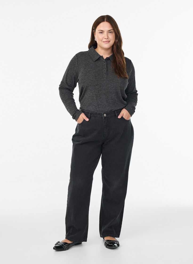 Pitkähihaiset pikeepaita joustavassa ribatulla laadulla, Harmaa, Model image number 1