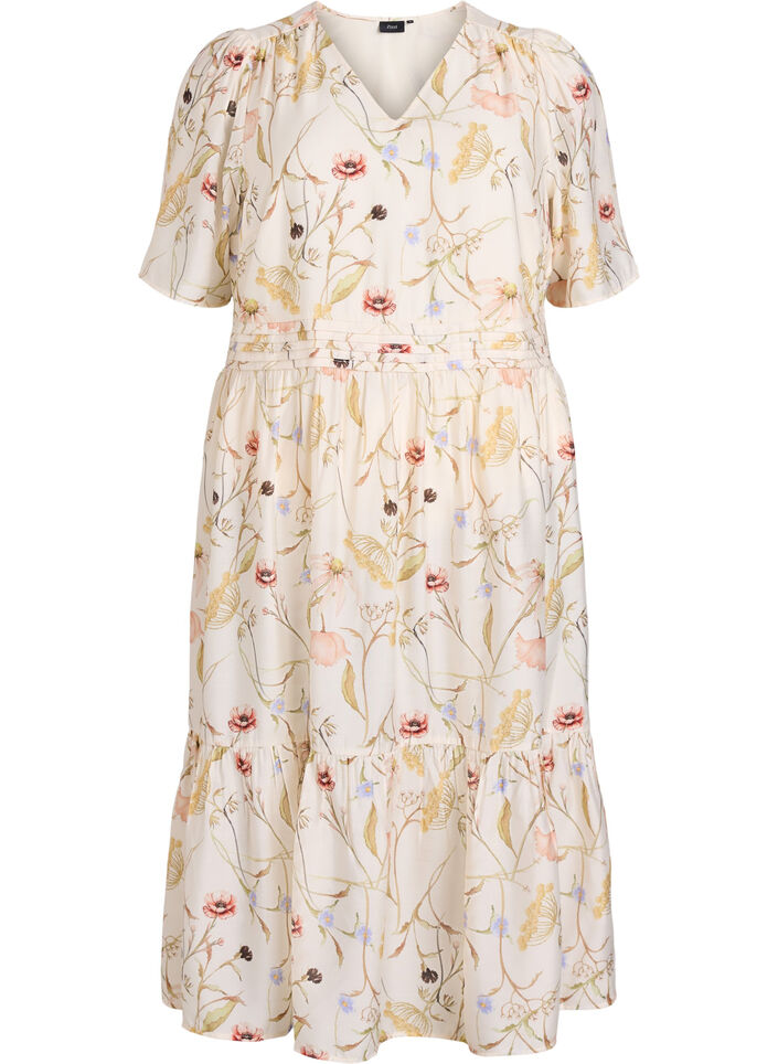 A-linjainen kukkakuvioinen midi-mekko, Beige, Packshot image number 0