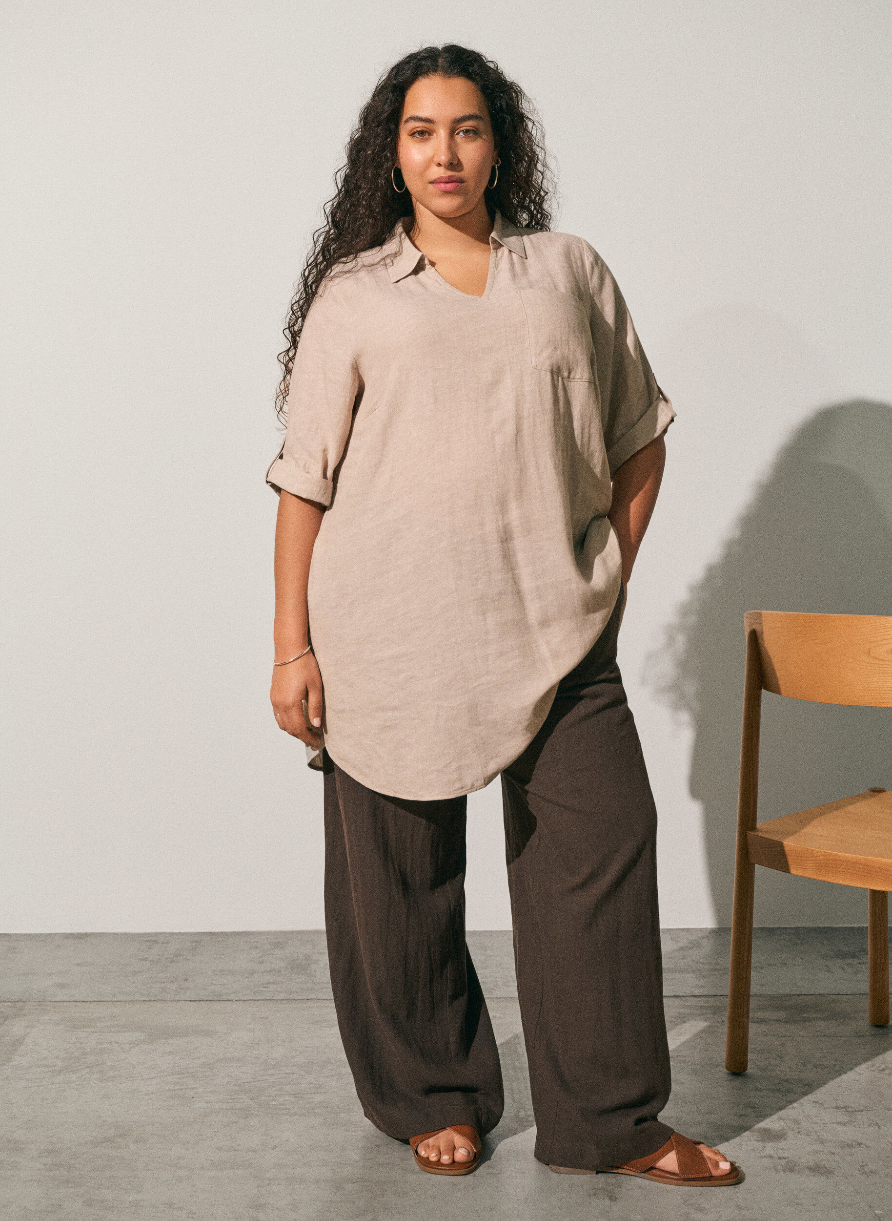 Zizzi A-mallinen tunika pellavaa ja viskoosia, Beige, Image image number 0