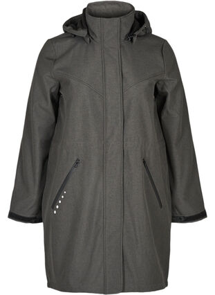 Pitkä hupullinen softshell-takki, Dark Grey Melange, Packshot image number 0