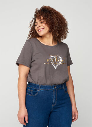 Lyhythihainen t-paita puuvillasta printillä, Grey, Model image number 0