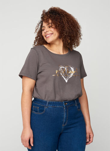 Lyhythihainen t-paita puuvillasta printillä, Grey, Model image number 0