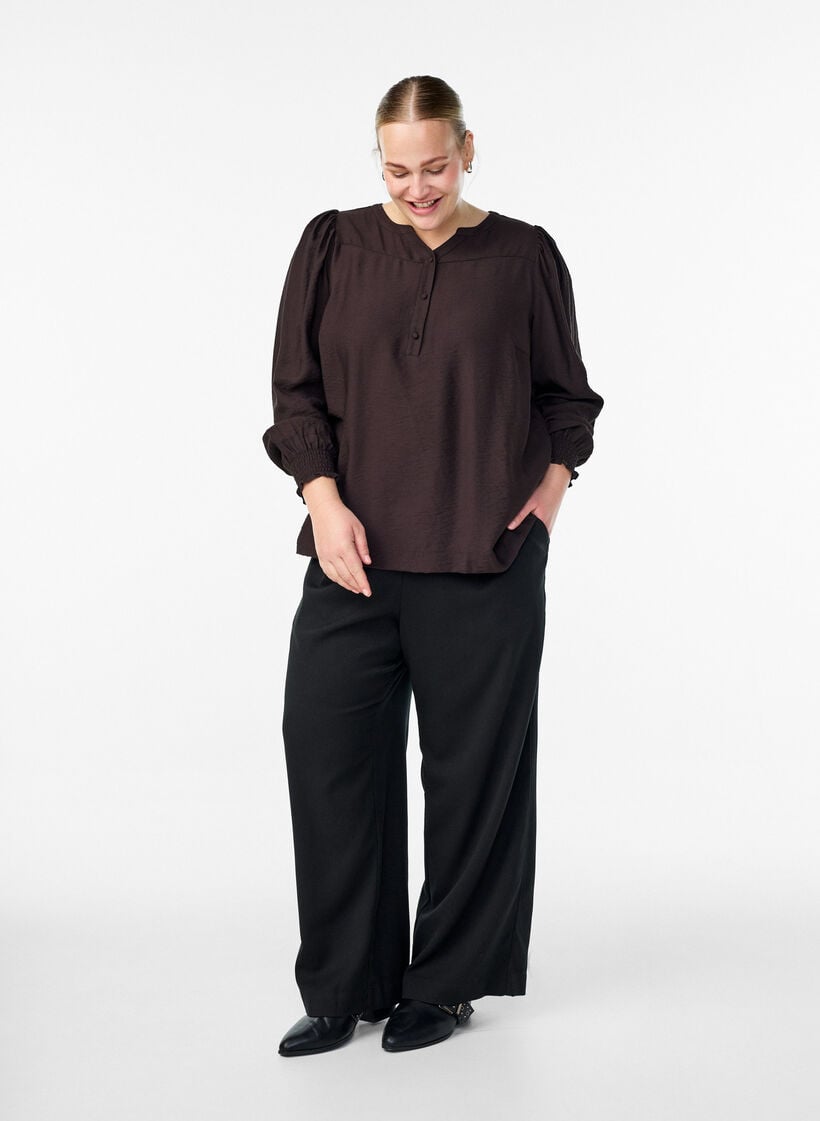 Viskoosipusero smock-yksityiskohdilla ja rypyill&auml;, Ruskea, Model image number 1