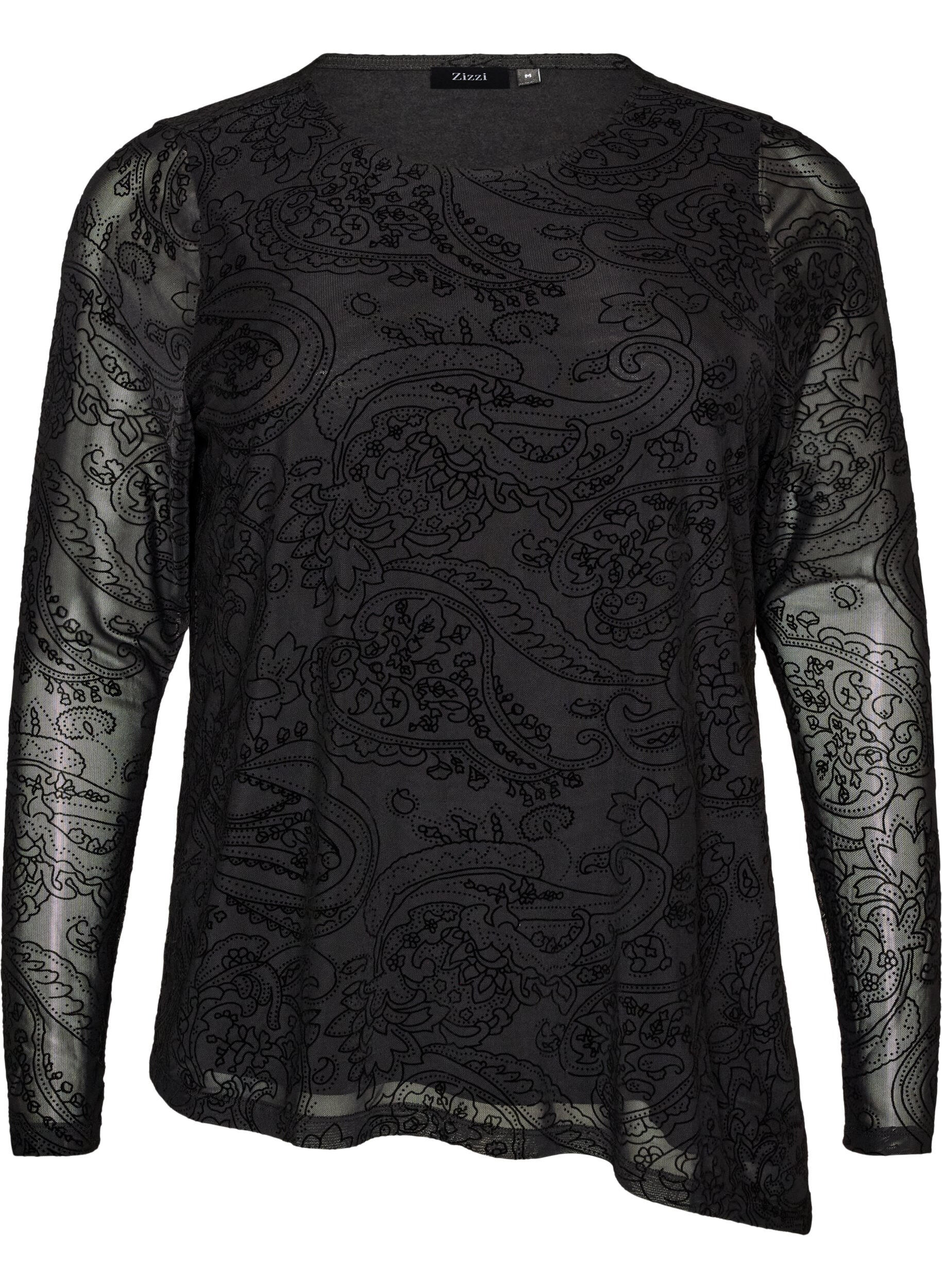 ZizziVerkkopusero paisleykuviolla ja ep&auml;symmetrisell&auml; helmalla, Musta, Packshot image number 0